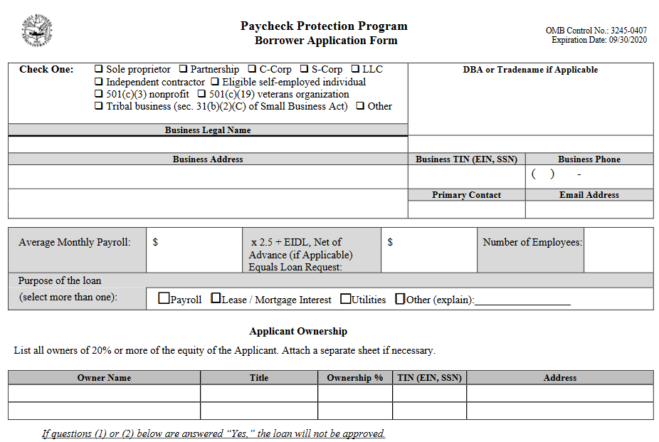 PPP Small Business Loan Application Coronavirus Loan